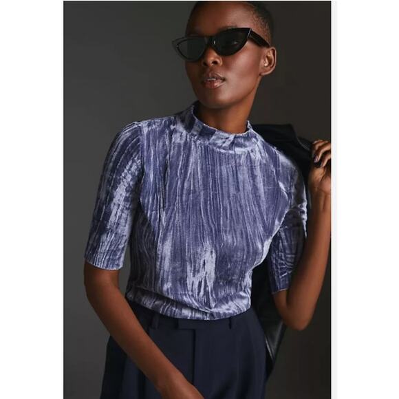 Anthropologie Pilcro Velveteen Mock-Neck Top Slate Blue Womens Sz M Velvet - Picture 1 of 10
